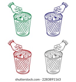 Office Trash Recycle Bin For Garbage. Bin For Papers Vector Illustration. Hand Throw The Paper Into Recycle Garbage Bin
