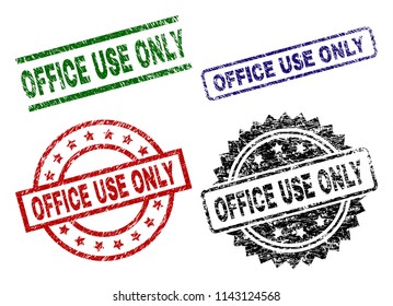 OFFICE USE ONLY seal imprints with corroded surface. Black, green,red,blue vector rubber prints of OFFICE USE ONLY caption with corroded style. Rubber seals with circle, rectangle, medal shapes.