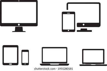 office utensils and tools for working in the office. Vector graphics showing office equipment, monitors, laptops, tablets and iPhones.