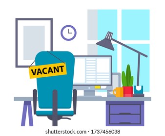 silla de oficina vectorial vacante de oficina con signo de vacante. Composición con silla de oficina y un cartel vacante. Concepto de contratación y contratación de empresas. Lugar de trabajo del empleado