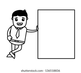 Office Vector Cartoon Character Illustration - Standing with a White Big Banner