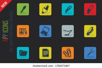 Office vector color web icons on dark background for user interface design