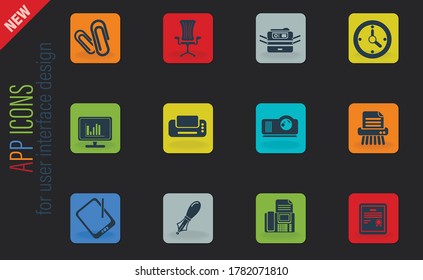 Office vector color web icons on dark background for user interface design