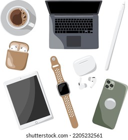 Office vector devices. Laptop, tablet with pen, headphones, watch, smartphone and coffee cup