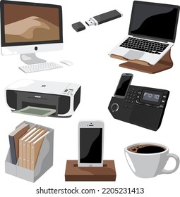 Office vector gadgets. Laptop, computer with keyboard, printer, smartphone on stand, usb flash drive, cup of coffee and folders with documents