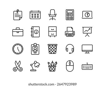 Office Vector Icon Set | Adjustable Line Weight | Desk, calendar, chart, calculator, printer, headset, computer, keyboard, scissors, lamp, ID badge, waste bin, mouse, desk chair, stationery, briefcase