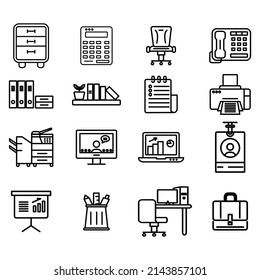 office vector icon set. Line vector icons like printer, phone, cabinet and others related to office equipment on white background. Editable flat line vector illustration.