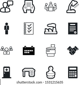 office vector icon set such as: nuclear, industry, chair, style, environment, test, meet, clinic, to-do, cooperation, handshake, calculator, hands, relationship, project, real, handle, copiers