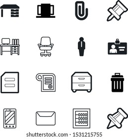 office vector icon set such as: metal, organize, traditional, steel, mail, box, smartphone, data, contracts, airport, thumbtack, telephone, mathematical, persona, frame, garbage, identity, catalog