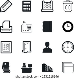 office vector icon set such as: display, entertainment, support, deadline, entrance, bookstore, knowledge, media, glyph, copybook, telephone, notebook, contact, businessman, block, profession, frame