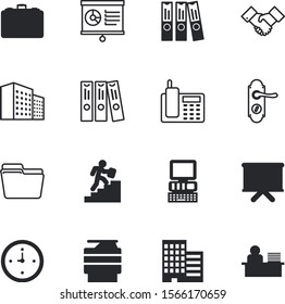 office vector icon set such as: briefcase, view, alarm, call, laser, stairs, printer, doc, skyscraper, watch, brief, pc, goals, step, winning, decorative, receiver, minute, greeting, strategy