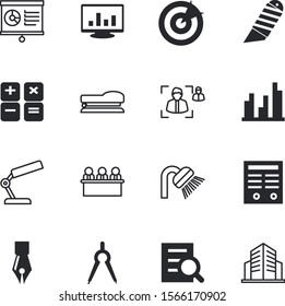 office vector icon set such as: leadership, businesswoman, clip, write, calculation, deal, machine, directors, engineering, monitor, employment, luxury, accuracy, secretary, building, pencil, trash