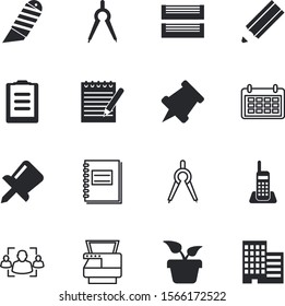 office vector icon set such as: day, botanical, indoor, magnifying, list, resources, penknife, questionnaire, stack, pinned, pot, closeup, interior, binder, call, style, write, data, empty