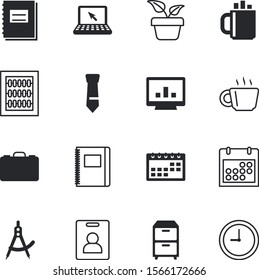 office vector icon set such as: folder, innovation, ancient, development, paperwork, row, diary, access, name, dress, site, department, elements, botanical, alarm, instrument, flowerpot, silhouette