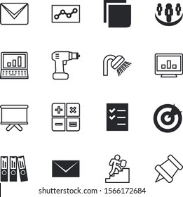office vector icon set such as: tools, calculate, climbing, trash, character, bookkeeping, training, number, bulletin, system, dartboard, instrument, pushpin, organization, floppy, finance, container