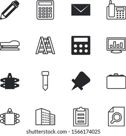 office vector icon set such as: bag, mail, form, briefcase, email, discovery, infographic, city, clothing, magnification, innovation, screen, site, suitcase, base, town, pen, machine, thumbtack