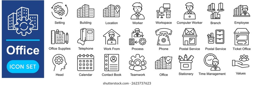 Office Vector Icons Collection related to Workplace, Business, Work, Employee, Worker, Desk, Computer, Building.