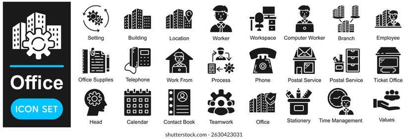 Office Vector Icons Collection related to Workplace, Business, Work, Employee, Worker, Desk, Computer, Building.