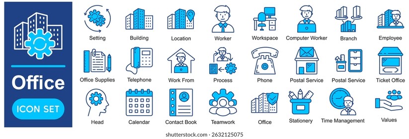 Office Vector Icons Collection related to Workplace, Business, Work, Employee, Worker, Desk, Computer, Building.