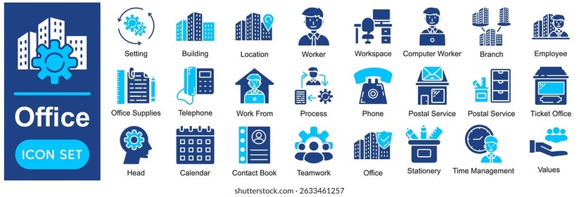Office Vector Icons Collection related to Workplace, Business, Work, Employee, Worker, Desk, Computer, Building.
