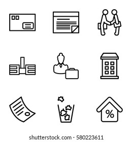 office vector icons. Set of 9 office outline icons such as building, trash bin, businessman shaking hands, builidng, mortgage, woman consultant with case, plan, document