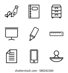Office vector icons. Set of 9 Office outline icons such as notebook, board, ink pen, nightstand, highlighter, stamp, ruler, paper
