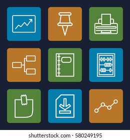 Office vector icons. Set of 9 Office outline icons such as notebook, pin, file, abacus, glued note, line graph, printer