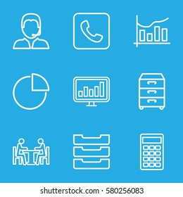 Office vector icons. Set of 9 Office outline icons such as chart, calculator, support, table box, nightstand, meeting, call