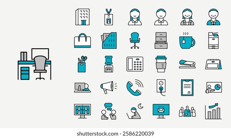 Office vector icons set. Business workplace outline icons illustration collection. 