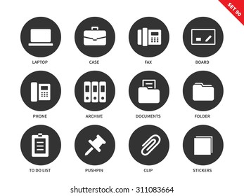 Office vector icons set. Business concept. Office technics and tools, laptop, case, fax, board, phone, folder, archive, pushpin, clip, stickers. Isolated on white background