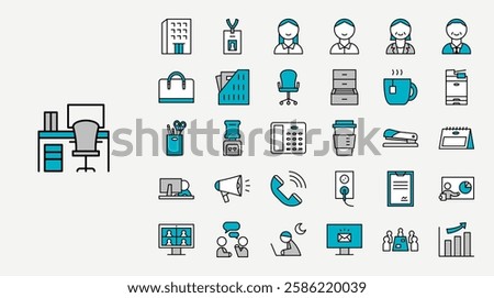 Office vector icons set. Business workplace outline icons illustration collection. 