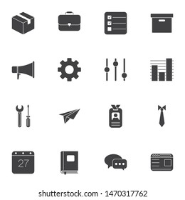 Office vector icons set, modern solid symbol collection filled style pictogram pack. Signs, logo illustration. Set includes icons as cardboard box, briefcase, badge, calendar, loudspeaker, gear, paper