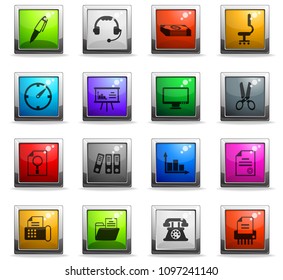 office vector icons in square colored buttons for web and user interface design