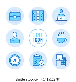 Office vector line icons set. Job, business, briefcase, workplace, binders, report outline symbols. Thin line design. Modern simple stroke graphic elements. Round icons