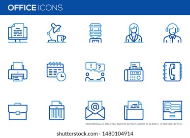 Office vector line icons set. Workplace, meeting, administrator, manager, support, business correspondence. Editable stroke. Perfect pixel icons, such can be scaled to 24, 48, 96 pixels.