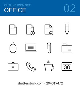 Office Vector Outline Icon Set - Document, Pen, Computer, Mouse, Paper Clip, Folder, Briefcase, Phone, Cup And Calendar