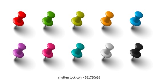 Office vector push pins set made of shiny colorful plastic, eps10 clipart elements