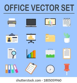 Conjunto de vectores de Office con tarjeta de identidad, nota, gráfico, decoración, monitor, archivo apilado, impresora, archivo, carpeta, fecha límite, búsqueda, pin y bolsa de trabajo. 