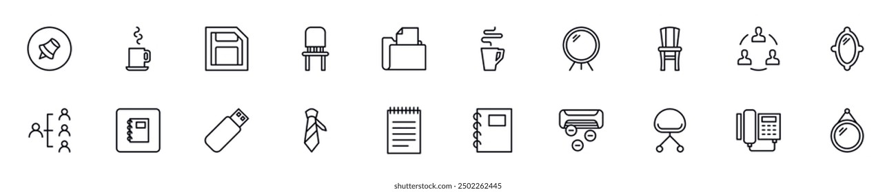 Office vector symbols drawn with black thin line. Editable stroke. Simple linear illustration that can be used as a design element for apps and websites 