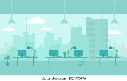 Office with view from window city. Workplace room. Skyscrapers and big city outside the window. Flat color vector illustration