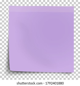 Office violet paper sticker with bent lower left corner isolated on transparent background. Template vector post note.