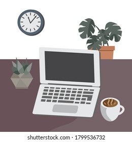 Mesa violeta de oficina con portátil abierto. con café y plantas.  Concepto de oficina en el hogar, trabajo a distancia, concentración, ambiente de oficina. Gráficos planos, EPS 10