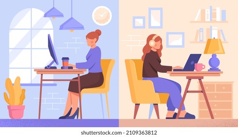 Office Vs Home Concept. Young Woman Works For Large Company And Performs Tasks On Computer. Female Freelancer With Flexible Schedule Works In Apartment. Cartoon Modern Flat Vector Illustration