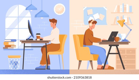 Office Vs Home Concept. Young Male Employee Of Company Sits At His Desk And Performs Project. Freelancer In Apartment At Remote Job. Pros And Cons. Cartoon Contemporary Flat Vector Illustration