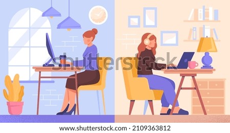 Office vs Home concept. Young woman works for large company and performs tasks on computer. Female freelancer with flexible schedule works in apartment. Cartoon modern flat vector illustration