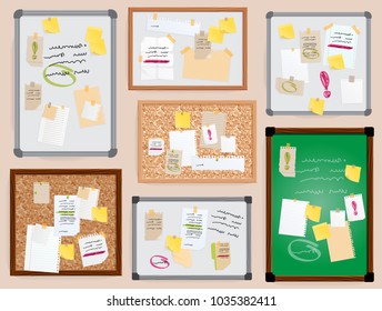 Office wall board pined stickers vector to-do planner pined on board illustration isolated officeplace stikers with bisiness notes text. Yellow, white paper message notebook sheet