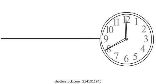 Office wall clock illustrated in a continuous one line drawing. Concept of work and office, showing minimalist numbers for eight o'clock. Hand-drawn design.