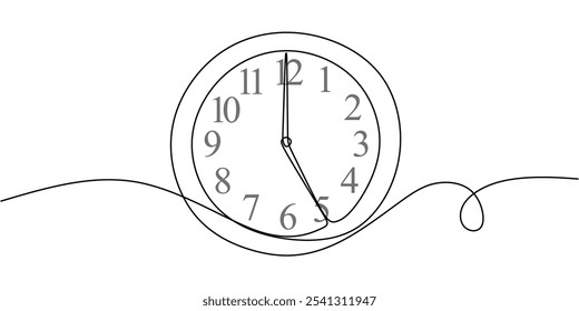 Reloj de pared de oficina ilustrado en un dibujo continuo de una línea. Concepto de trabajo y oficina, indicando las cinco en punto. Diseño minimalista dibujado a mano.