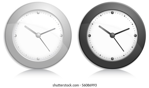 Office wall clock, metallic grey and black on white background, vector illustration