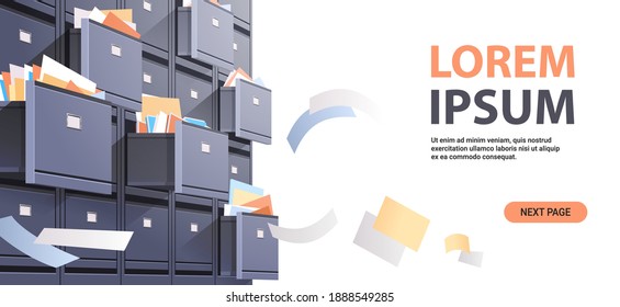 office wall of filing cabinet with open card catalog and flying documents data archive storage business administration concept copy space horizontal vector illustration